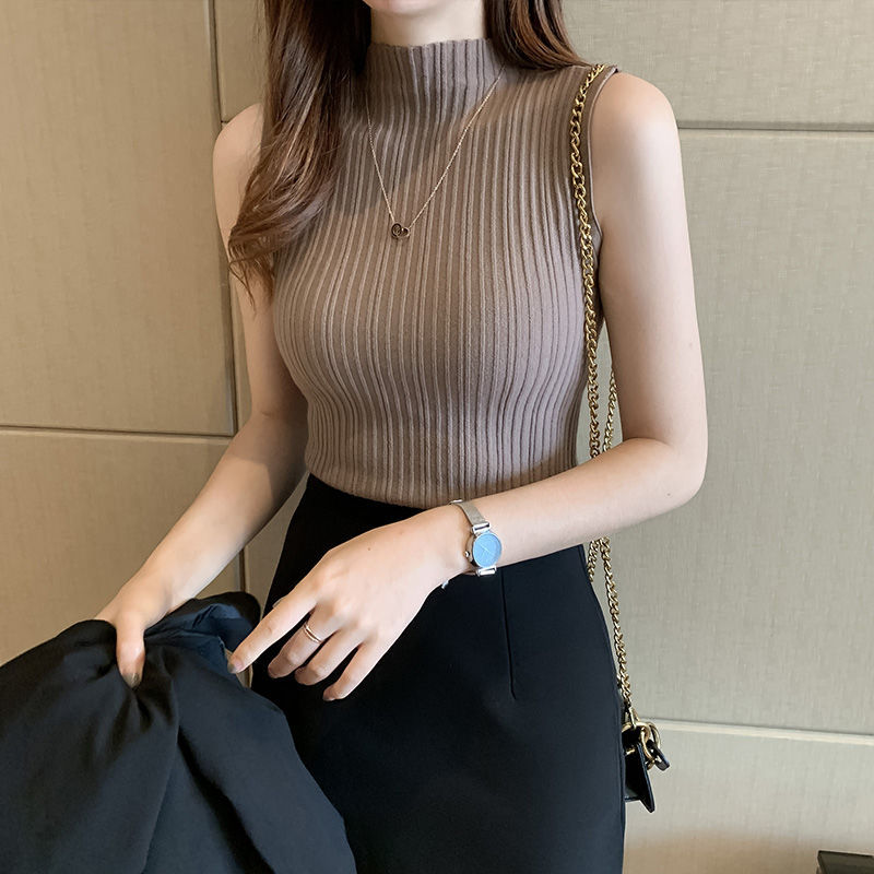 優雅氣質冰絲吊帶無袖上衣 半高領內搭針織衫