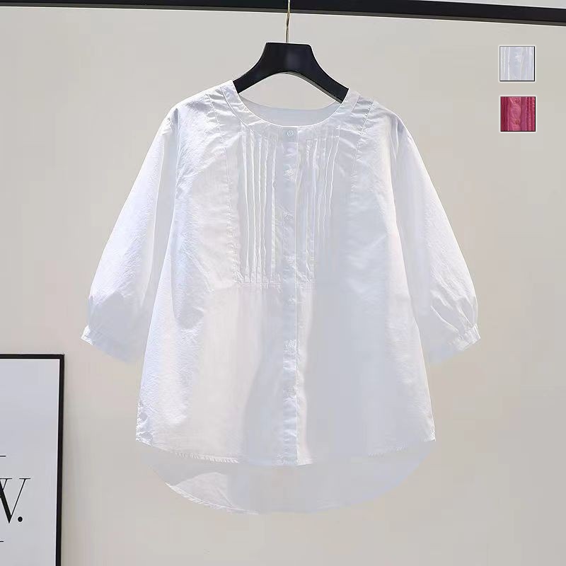 簡約無印風純棉設計感7分袖上衣 白色襯衫百搭燈籠袖上衣