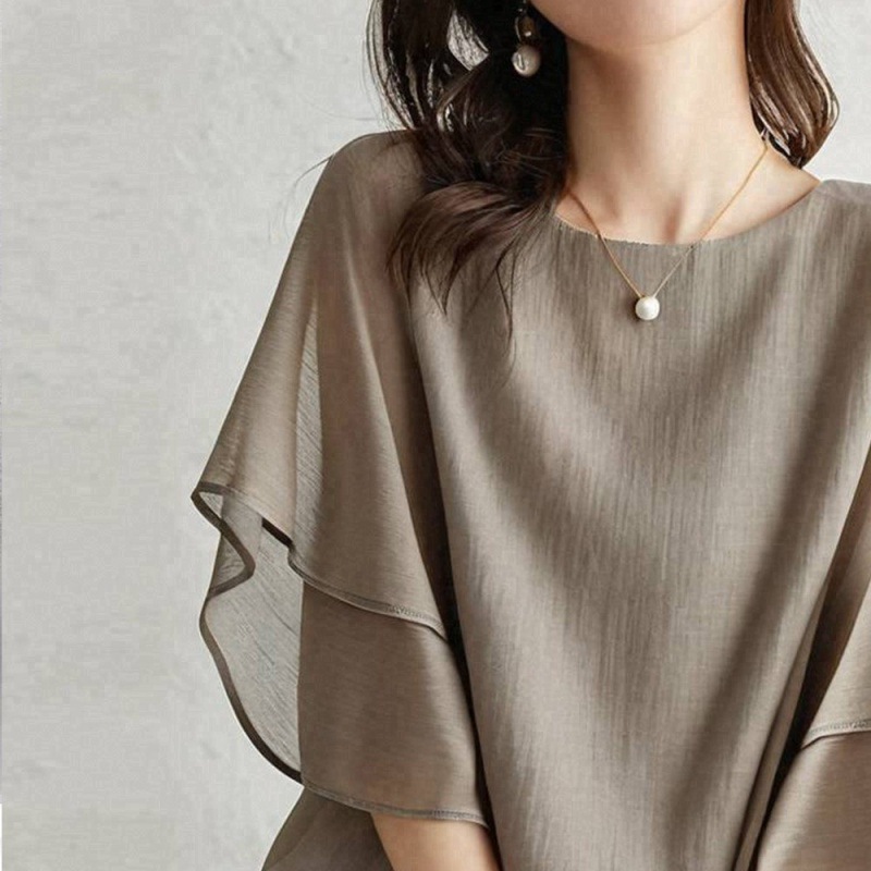 5色樂天寬鬆蝙蝠袖雪紡衫 圓領休閒百搭上衣