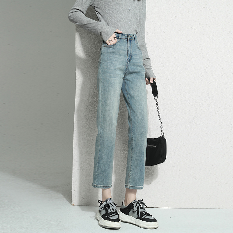 高品質直筒牛仔褲 復古水洗高腰顯瘦寬鬆直筒小個子法棍褲