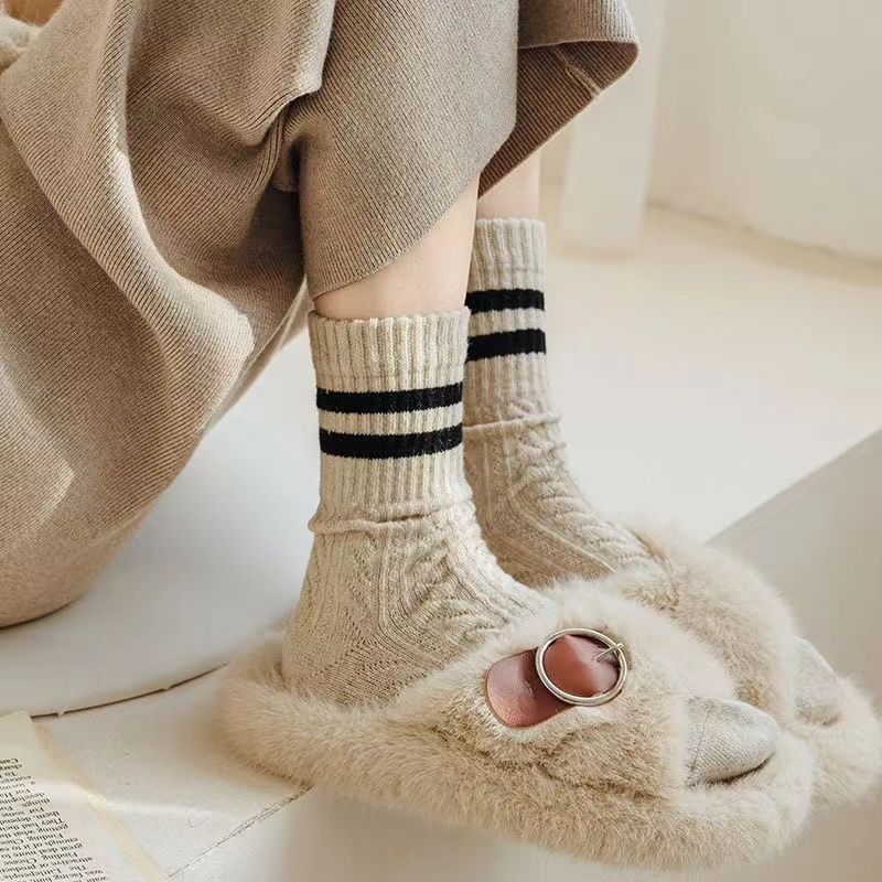 4條套組 復古麻花條紋堆叠袜秋冬季保暖加厚日系學院風簡約外穿