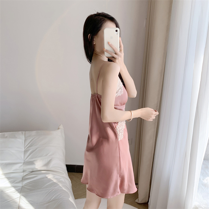 V領性感吊帶冰絲睡裙 緞面絲綢家居服套裝