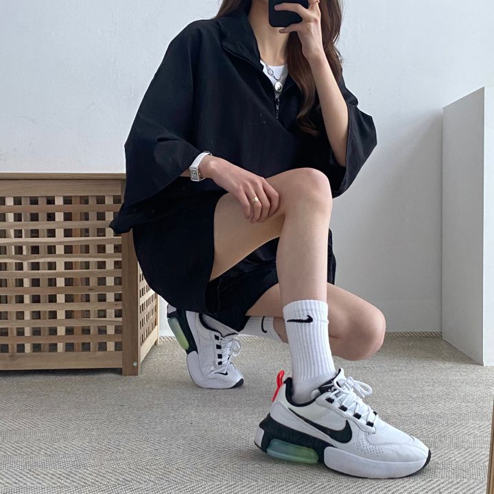 簡約 ‧ 素色拉鍊兩件套運動服套裝 寬鬆高領拉鍊短袖短褲 兩件套