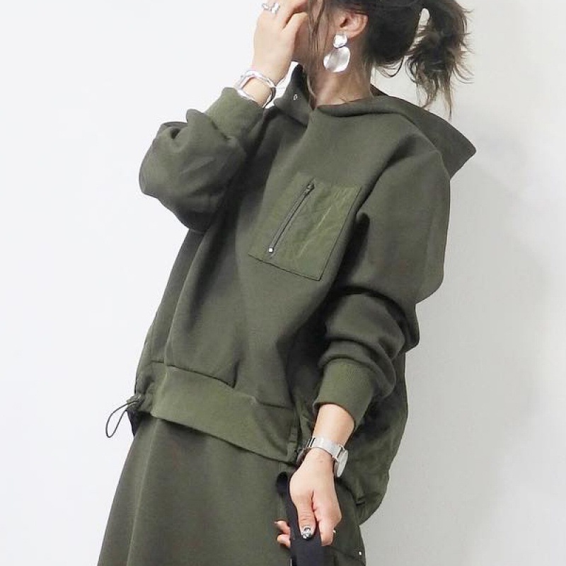 秋冬新款長袖拼接連帽上衣+鬆緊腰A字半身裙兩件套