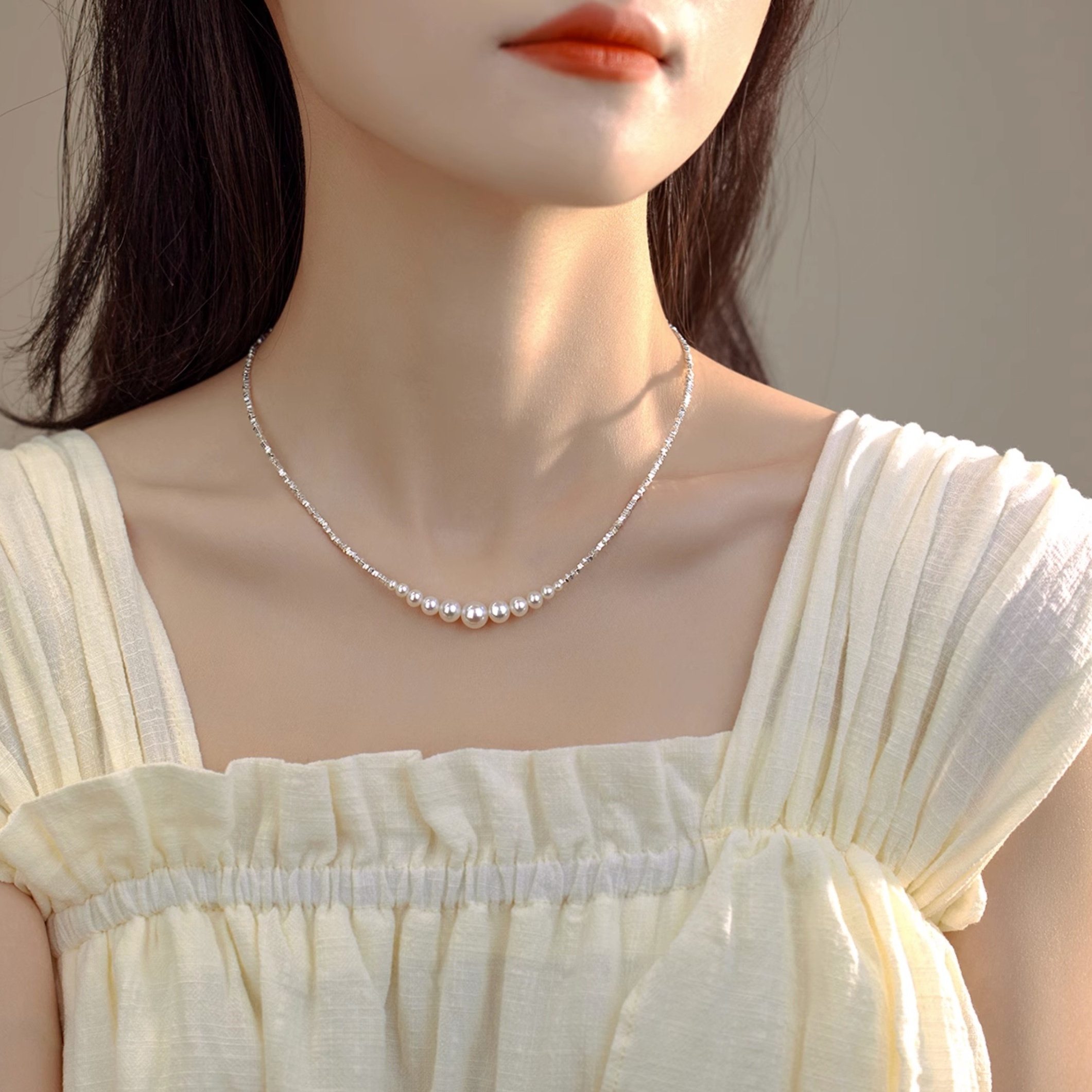 小珍珠碎銀鎖骨鏈 輕奢小眾設計 高貴優雅新款項鍊