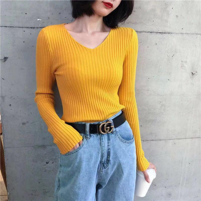 糖果色V領緊身針織衫-薄款打底上衣 時尚百搭內搭毛衣