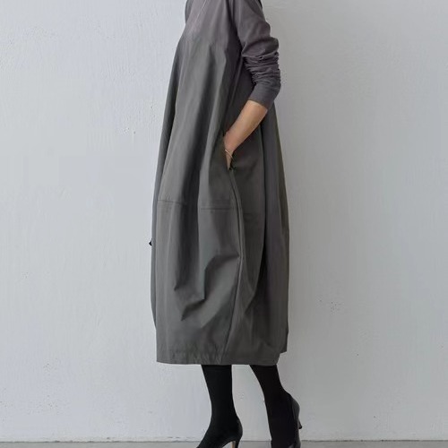 秋冬日韓系樂天圓領長袖針織拼接長款洋裝