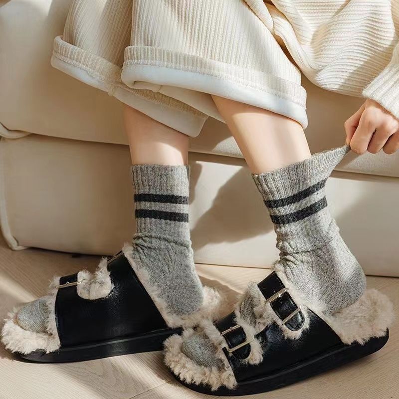 4條套組 復古麻花條紋堆叠袜秋冬季保暖加厚日系學院風簡約外穿