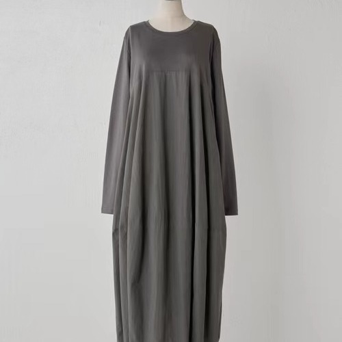 秋冬日韓系樂天圓領長袖針織拼接長款洋裝