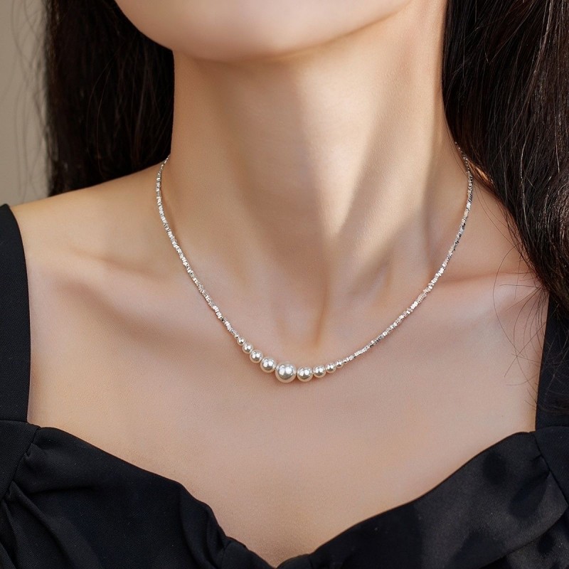 小珍珠碎銀鎖骨鏈 輕奢小眾設計 高貴優雅新款項鍊