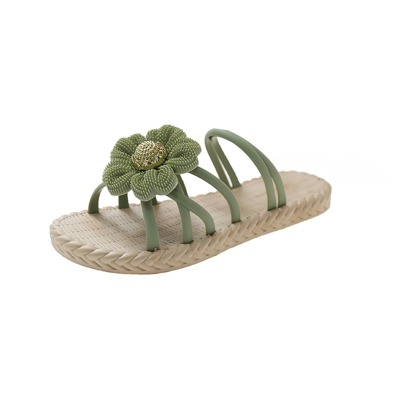 韓版時尚設計感花朵兩穿草編休閒涼鞋