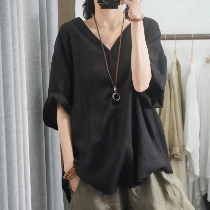 日韓潮流半袖休閒襯衫大碼寬鬆棉麻上衣