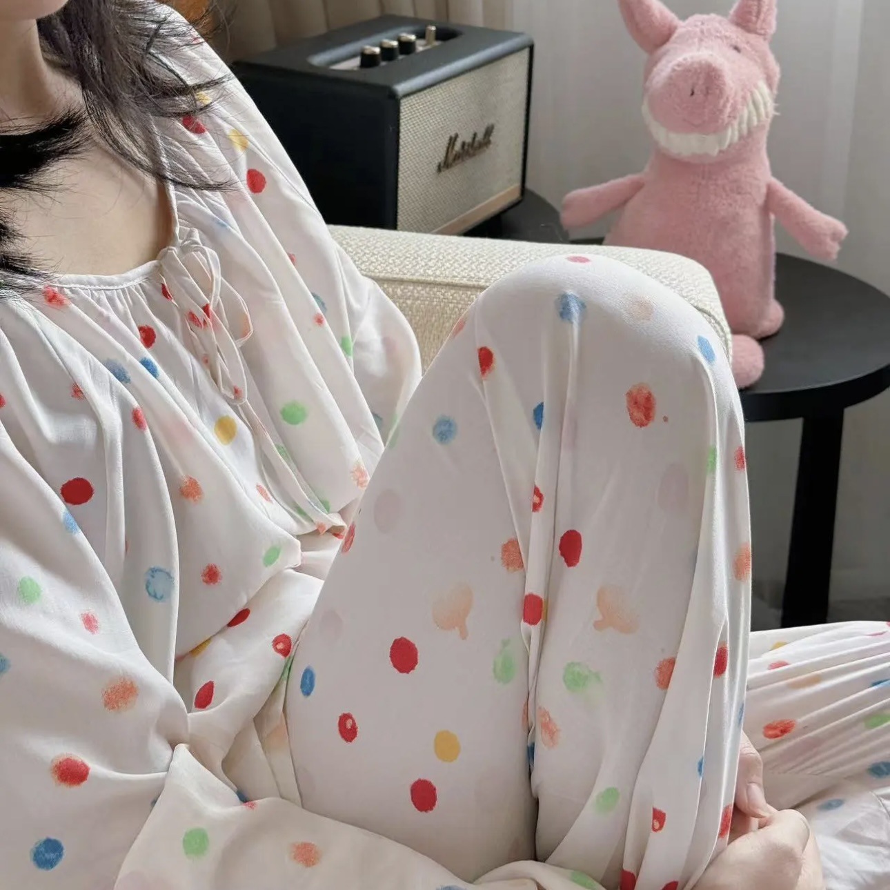 韓系高品質棉綢燈籠袖套裝家居服超親膚 高級感人棉長袖長褲套組