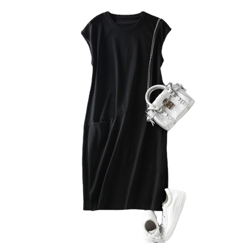 素色無袖長版T恤連身裙 夏季修身顯瘦休閒洋裝