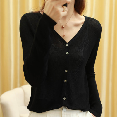 冰絲針織防曬衣 冷氣房開襟衫V領薄款罩衫