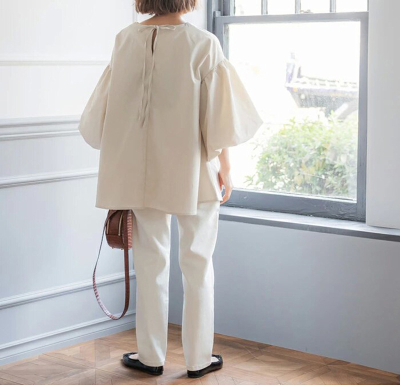 樂天新款 日韓寬鬆大版棉質襯衫 超大燈籠袖圓領五分袖上衣