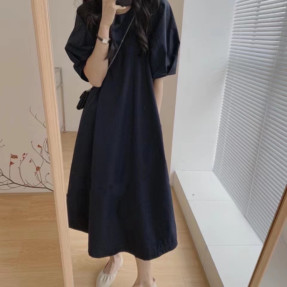 韓系．泡泡袖中長款連身裙
