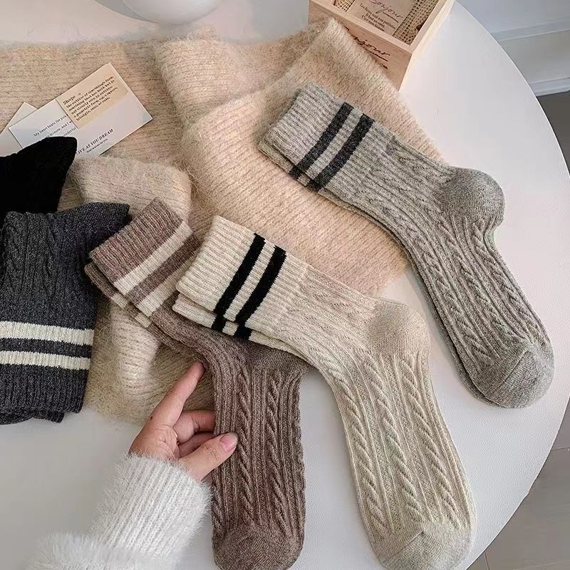 4條套組 復古麻花條紋堆叠袜秋冬季保暖加厚日系學院風簡約外穿