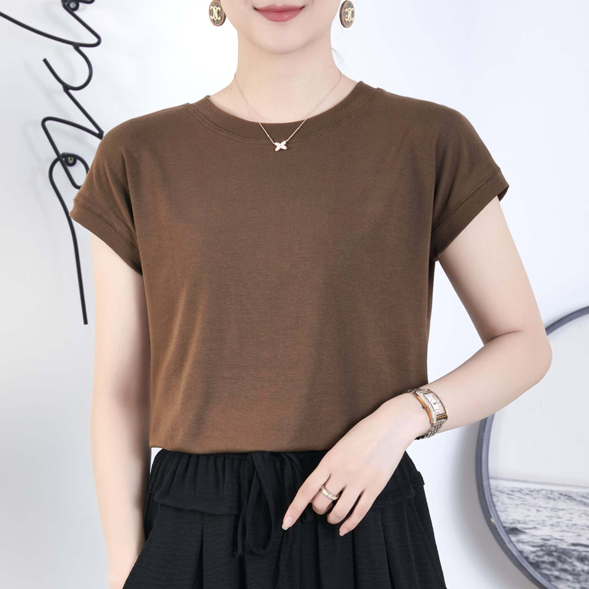 韓版夏季小飛袖柔軟上衣 氣質百搭時尚修身圓領設計感洋氣飛飛袖