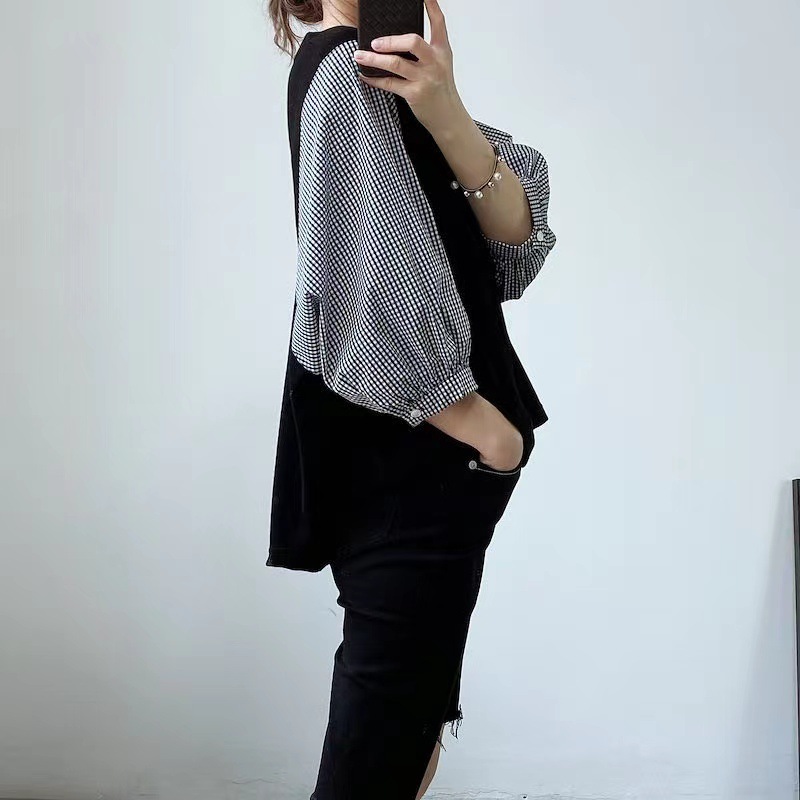 日韓系拼色襯衫寬鬆短袖上衣