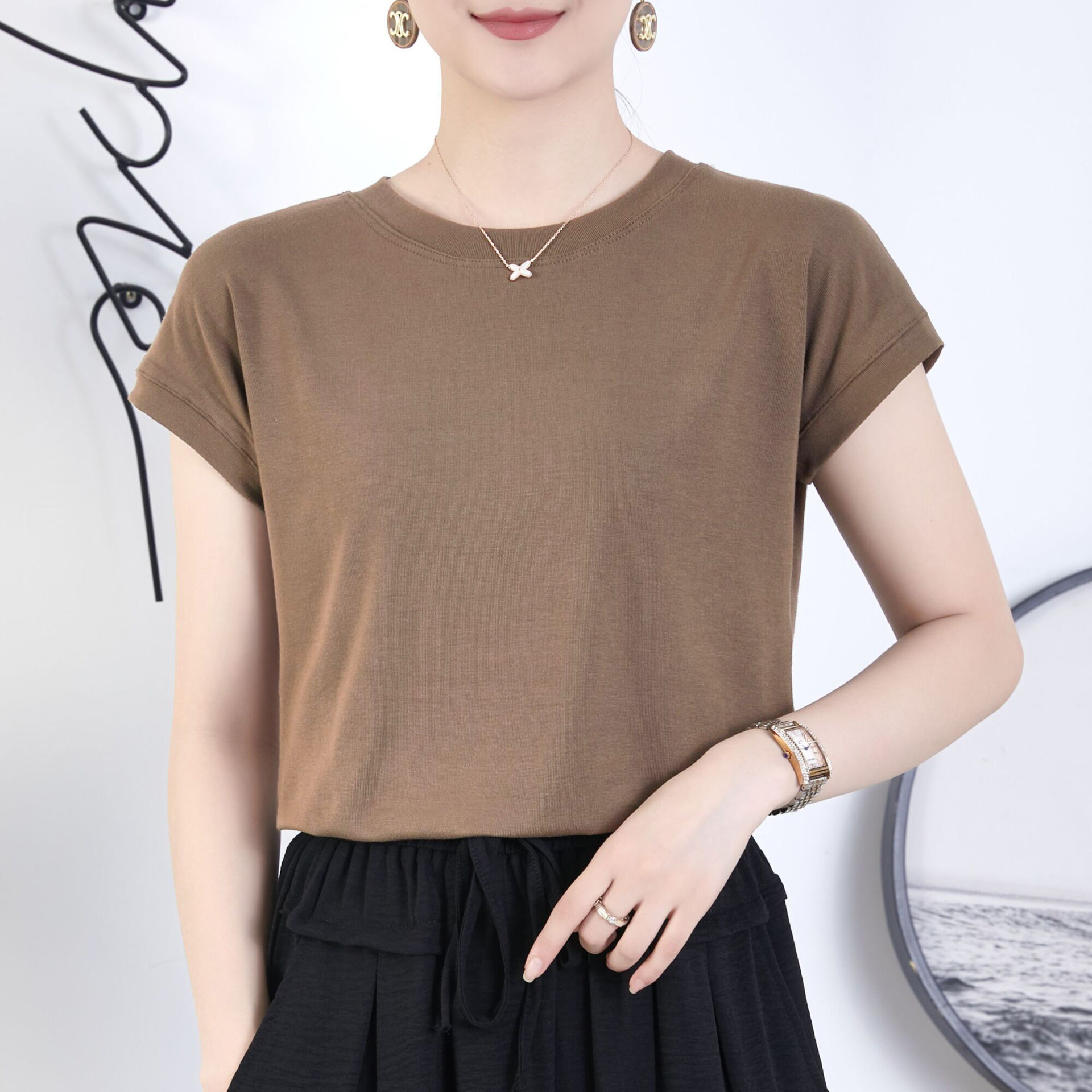 韓版夏季小飛袖柔軟上衣 氣質百搭時尚修身圓領設計感洋氣飛飛袖