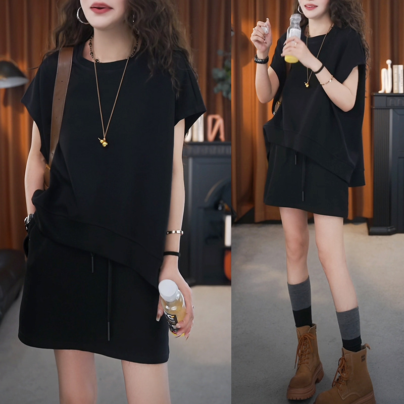 休閒寬鬆兩件式套裝 高腰A字短裙組