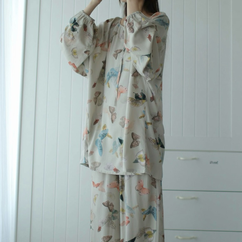 韓系高品質棉綢燈籠袖套裝家居服超親膚 高級感人棉長袖長褲套組