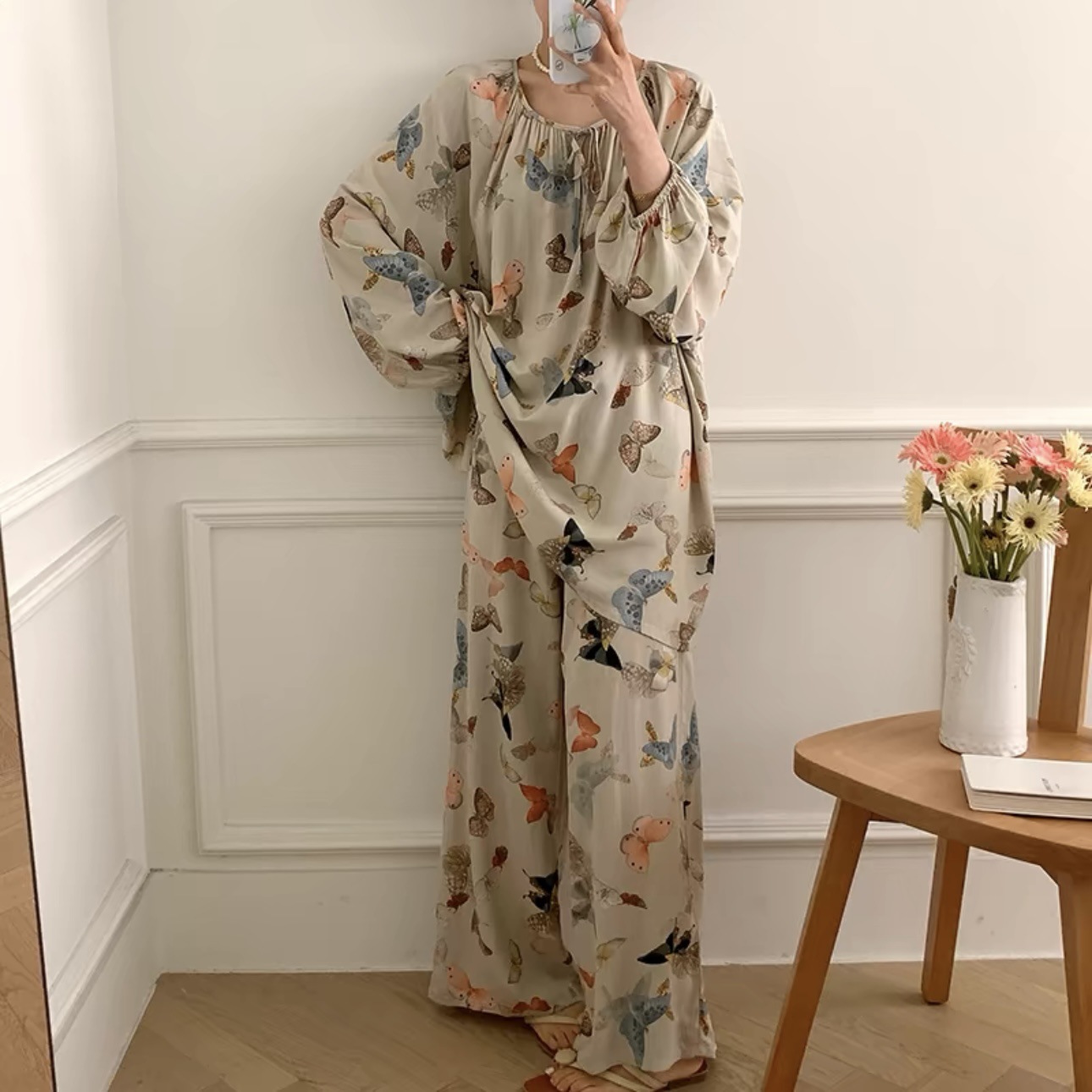 韓系高品質棉綢燈籠袖套裝家居服超親膚 高級感人棉長袖長褲套組