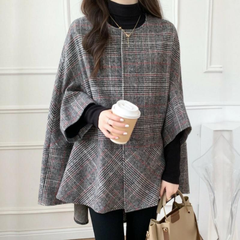 中長版圓領格紋披風外套 秋冬韓系時尚大衣*7色