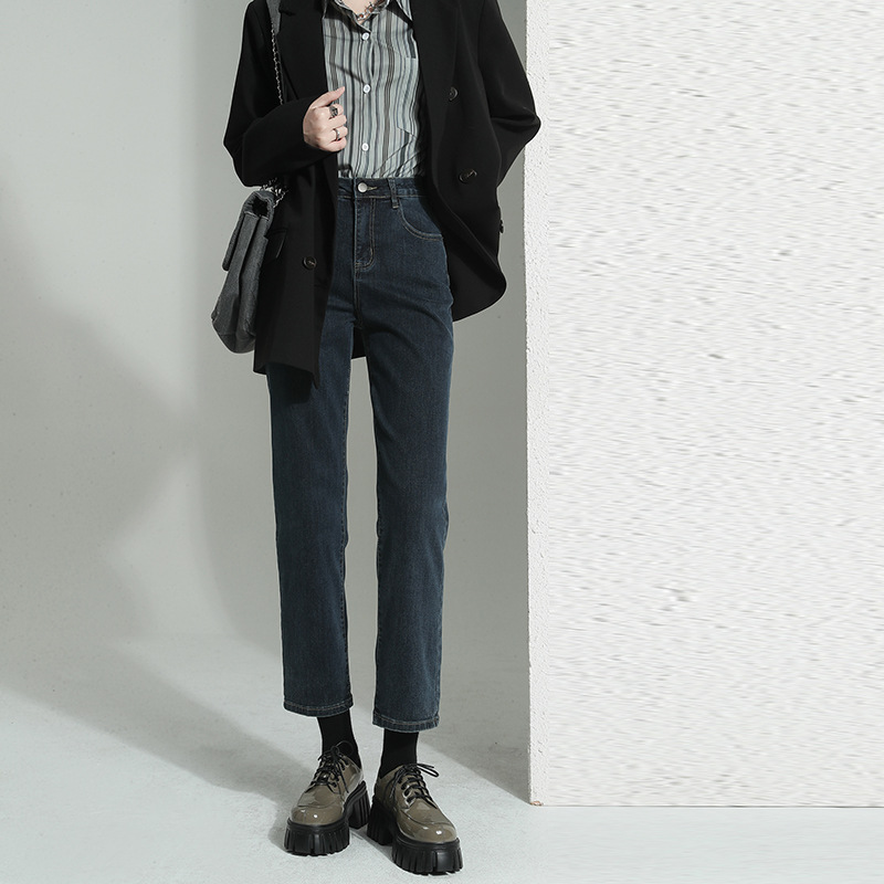 高品質直筒牛仔褲 復古水洗高腰顯瘦寬鬆直筒小個子法棍褲