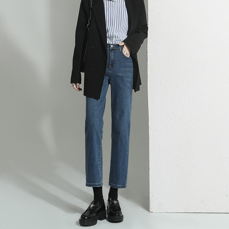 高品質直筒牛仔褲 復古水洗高腰顯瘦寬鬆直筒小個子法棍褲