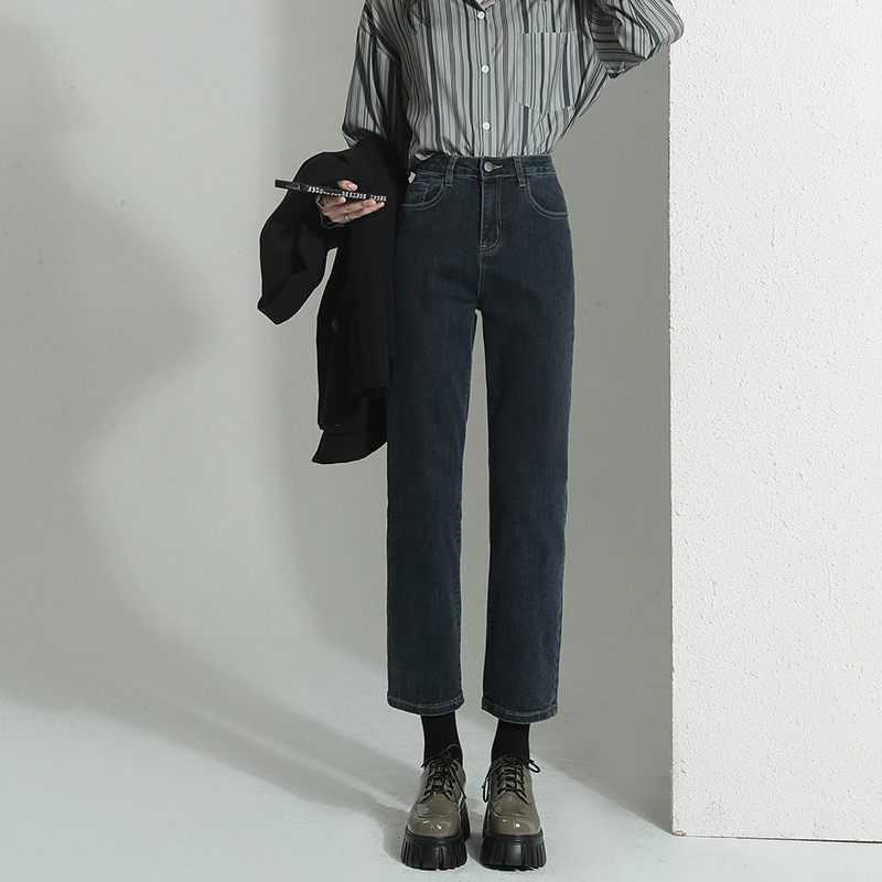 高品質直筒牛仔褲 復古水洗高腰顯瘦寬鬆直筒小個子法棍褲