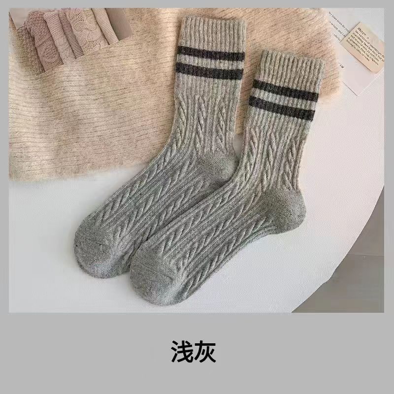 4條套組 復古麻花條紋堆叠袜秋冬季保暖加厚日系學院風簡約外穿