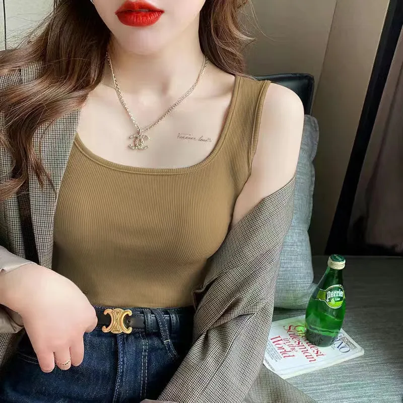 簡約好搭 簡約 休閑 拼接 無袖 素面 方領 套頭 修身 通勤 顯瘦 高透氣 細肩帶/背心