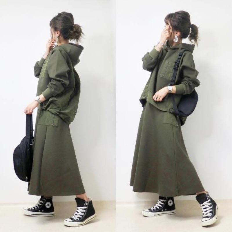 秋冬新款長袖拼接連帽上衣+鬆緊腰A字半身裙兩件套