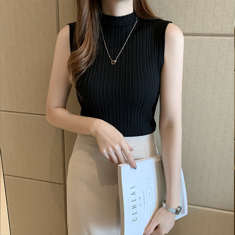 優雅氣質冰絲吊帶無袖上衣 半高領內搭針織衫