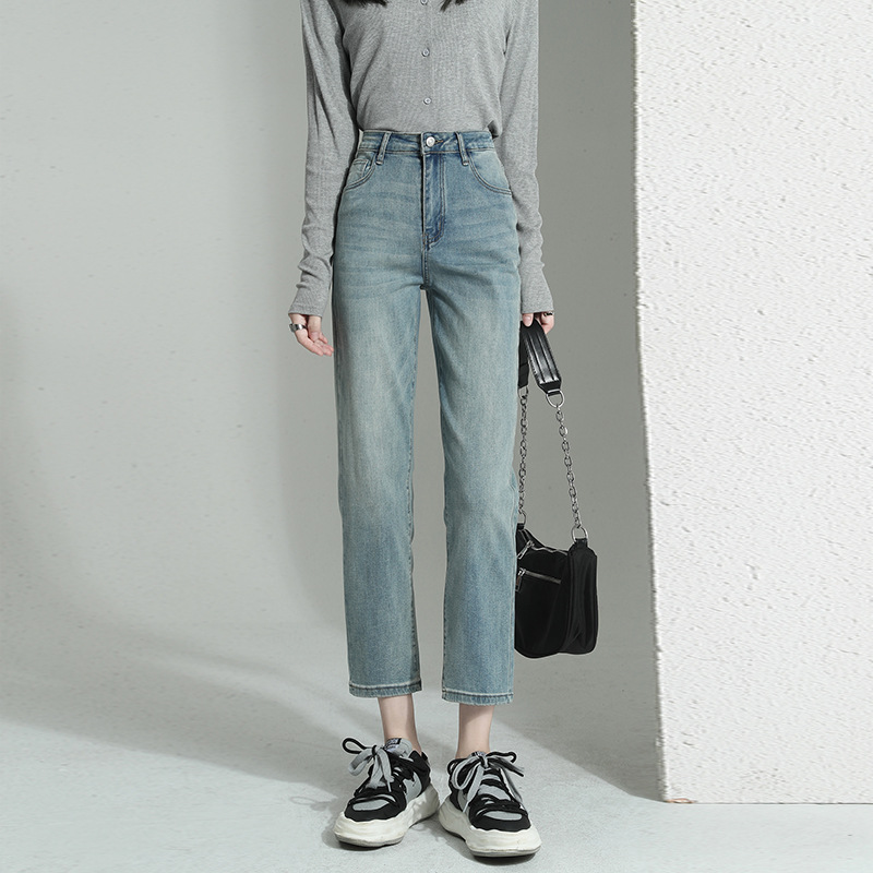 高品質直筒牛仔褲 復古水洗高腰顯瘦寬鬆直筒小個子法棍褲