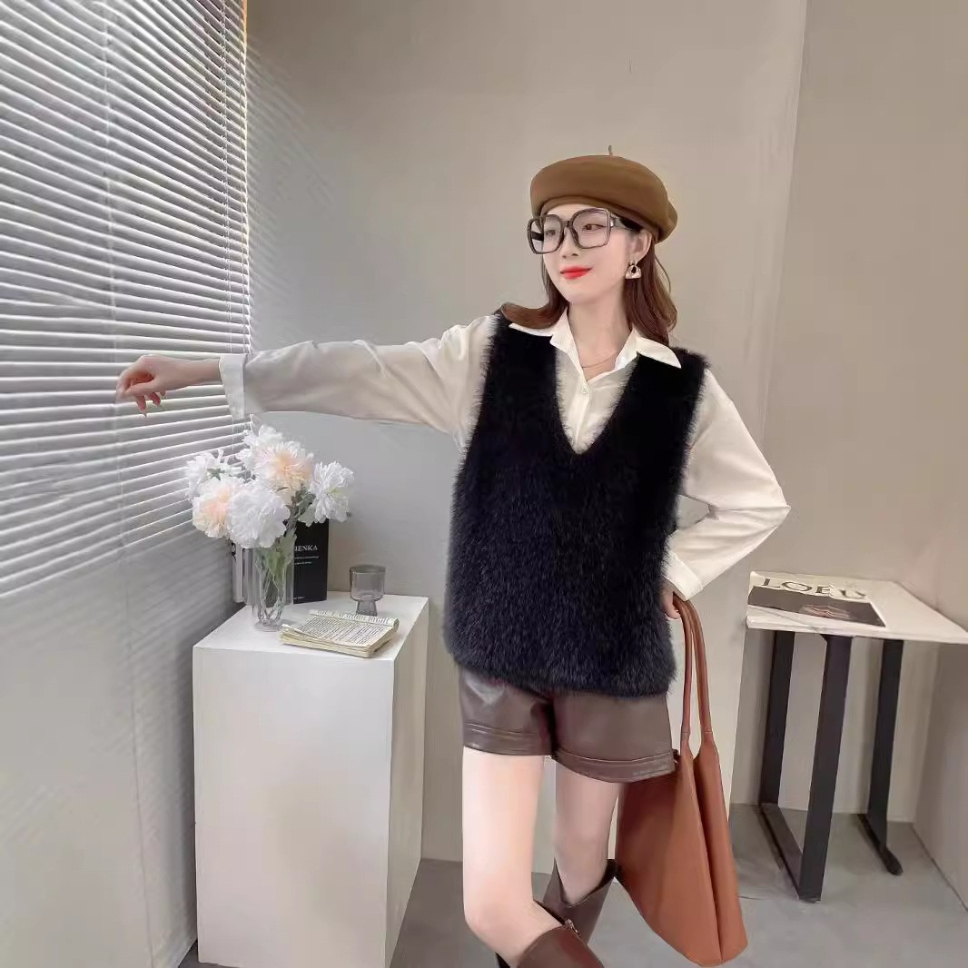 仿水貂絨V領針織背心 秋冬素色無袖毛衣背心