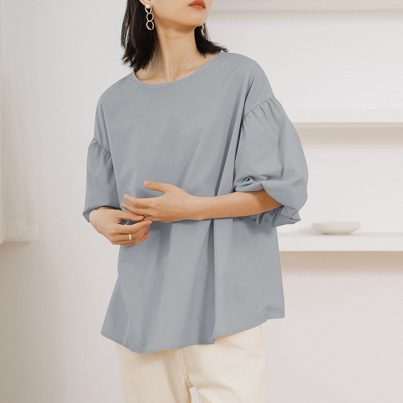 樂天新款 日韓寬鬆大版棉質襯衫 超大燈籠袖圓領五分袖上衣