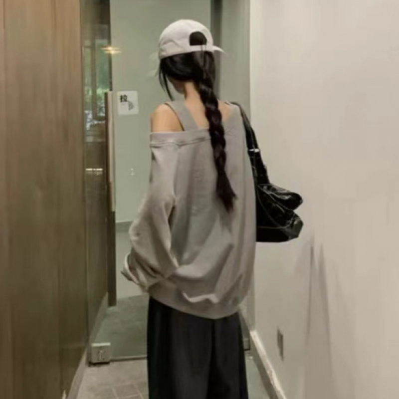 美式斜肩寬鬆大學T 露肩設計感長袖上衣