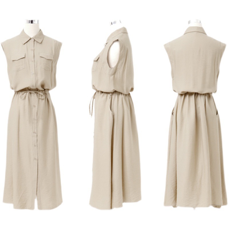 日系翻領無袖連身裙-口袋設計 輕鬆顯瘦中長款