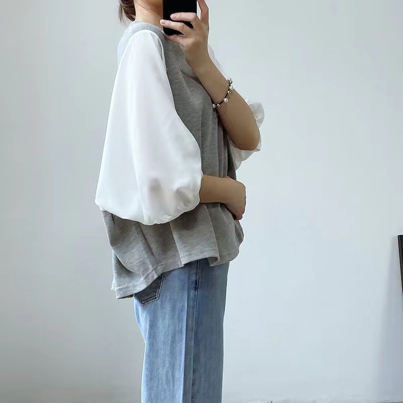 日韓系拼色襯衫寬鬆短袖上衣