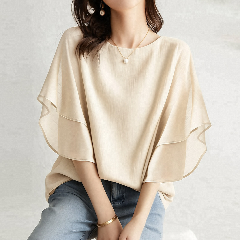 5色樂天寬鬆蝙蝠袖雪紡衫 圓領休閒百搭上衣