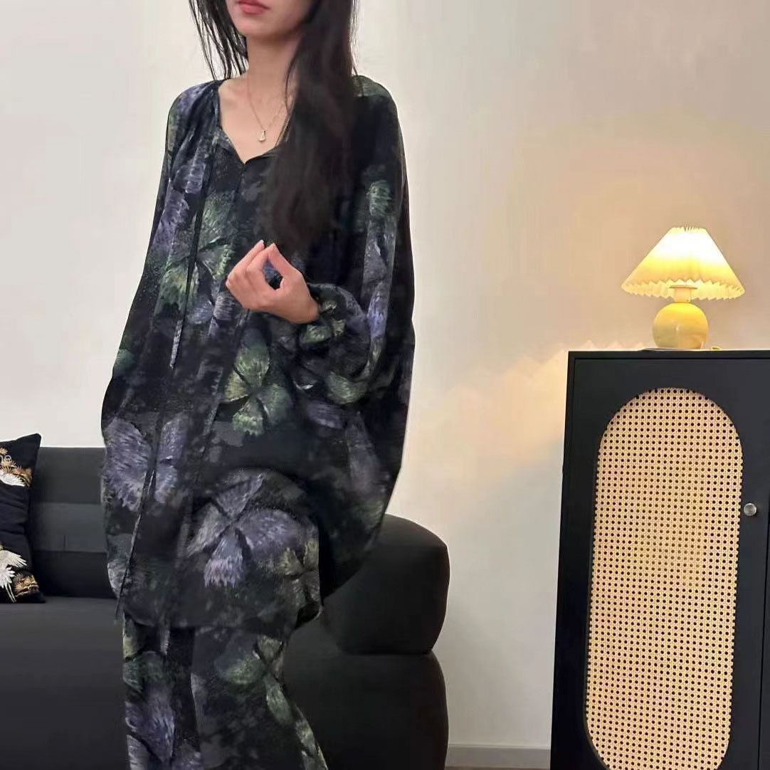 韓系高品質棉綢燈籠袖套裝家居服超親膚 高級感人棉長袖長褲套組