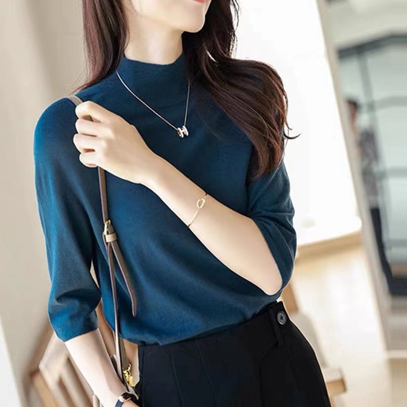 氣質優雅半高領針織衫-早春純色中袖套頭設計 百搭時尚