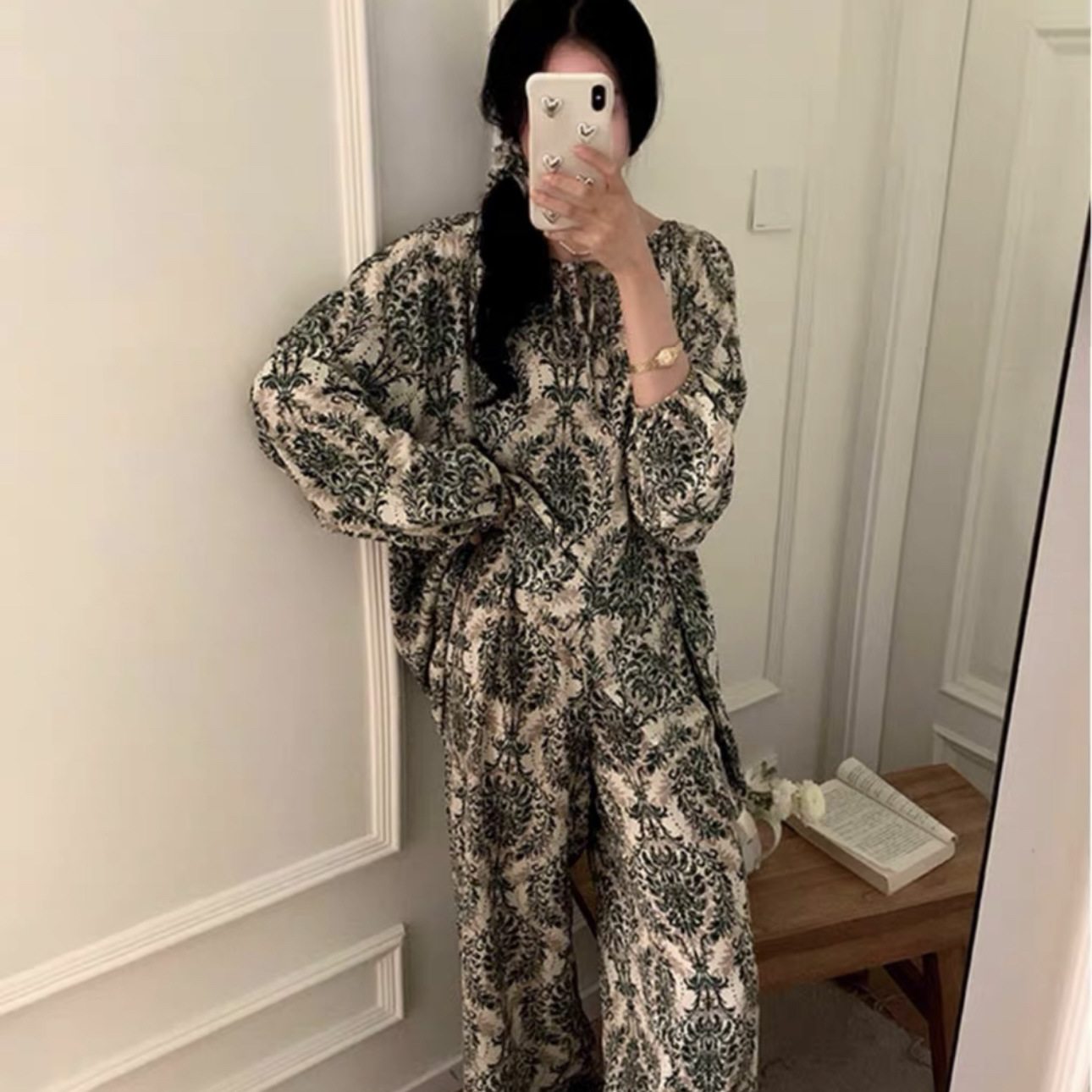 韓系高品質棉綢燈籠袖套裝家居服超親膚 高級感人棉長袖長褲套組