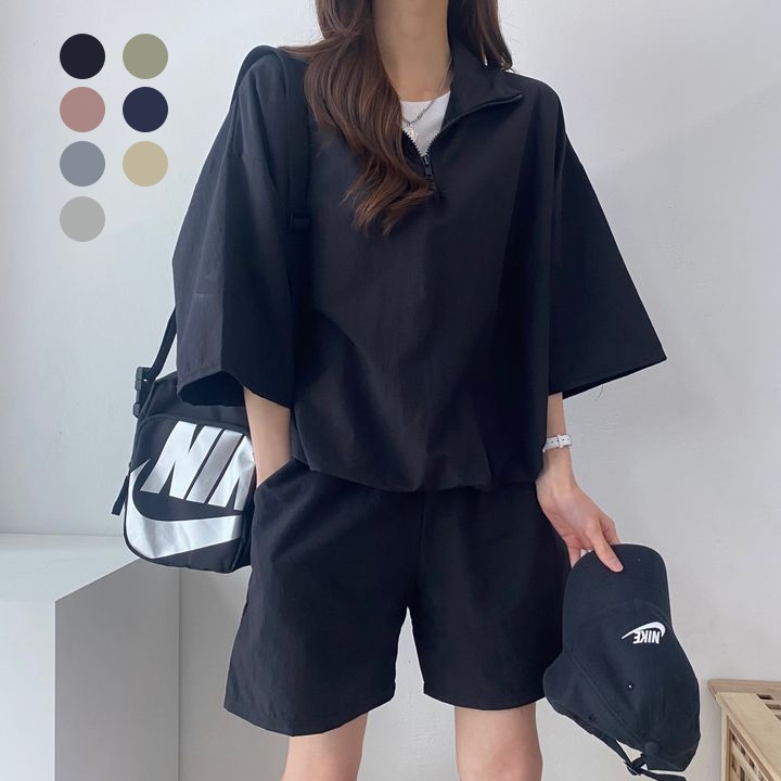 7色簡約 ‧ 素色拉鍊兩件套運動服套裝 寬鬆高領拉鍊短袖短褲 兩件套