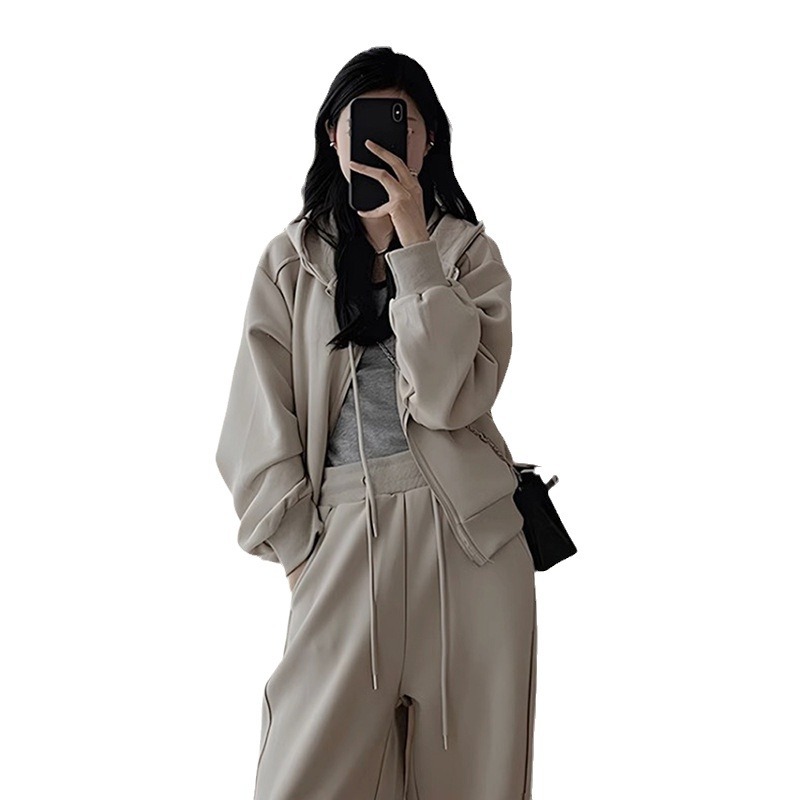 韓系·運動休閒套裝-連帽外套 鬆緊腰寬褲兩件組 簡約高級感穿搭