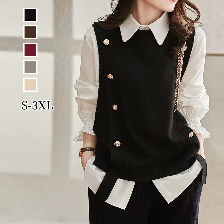 【單品可選】襯衫馬甲兩件套-春秋時尚減齡針織上衣套裝