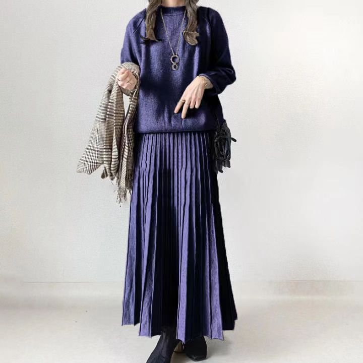 新款套裝寬鬆顯瘦高腰百搭百褶A字裙 素色半身裙兩件套